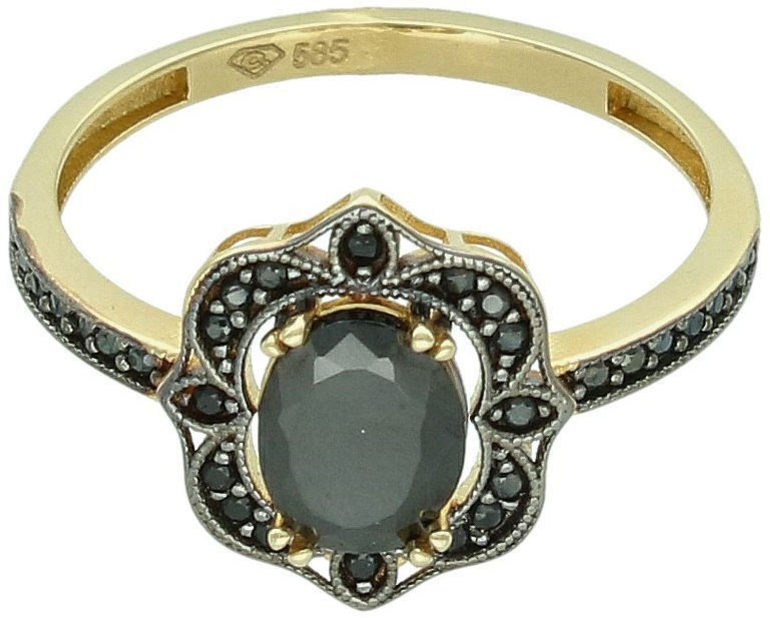 Pierścionek damski ze złota 585 z owalnym elementem ozdobnym wysadzanym czarnymi cyrkoniami. Elegancka biżuteria o wadze 2,47 g.1.jpg